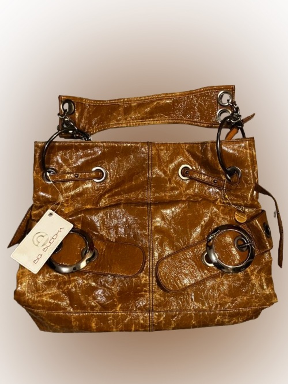 Genuine Cognac Brown Leather Handbag Tote with Ring Hardware by Big Buddha NWT